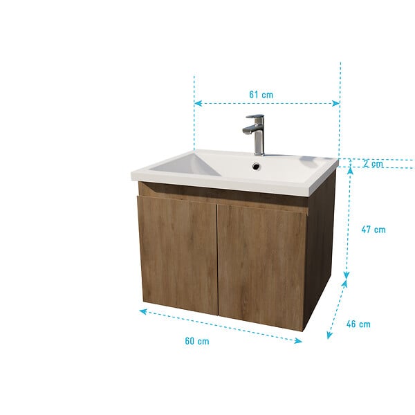 AURLANE - Meuble de salle de bains 60cm à Suspendre Décor Bois Clair - 2 Portes - Vasque Blanche - ELEMENTARY - large