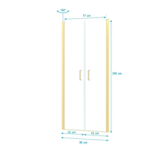 AURLANE - Porte de Douche Double Battant 90x200cm - Verre Trempé Transparent 6mm - Profil Or Doré Brossé - large