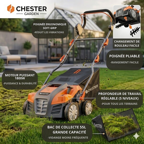 CHESTER - Scarificateur émousseur électrique 2 en 1 pour pelouse - 1800w - 40cm - large