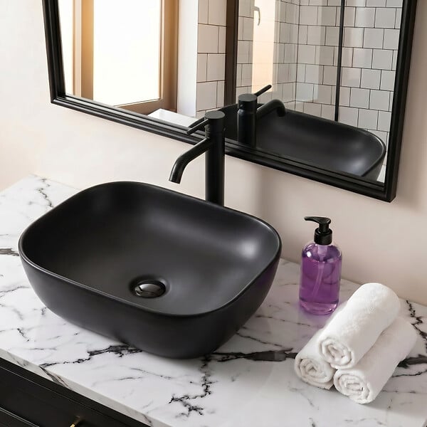 SWISS AQUA TECHNOLOGIES - Vasque à poser 45,5 x 32,5 cm avec bonde sans trop-plein noir mat Infinitio SAT (SATINF4532BKM-SET_BP) - large