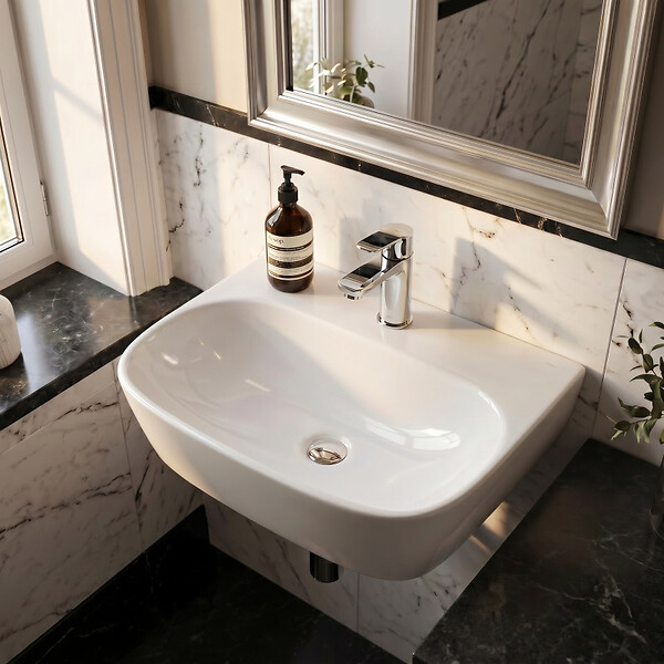 SWISS AQUA TECHNOLOGIES - Lavabo suspendu 43 x 30 x 13 cm – sans trop-plein – blanc – SAT Brevis (SATBRE4330R) - large