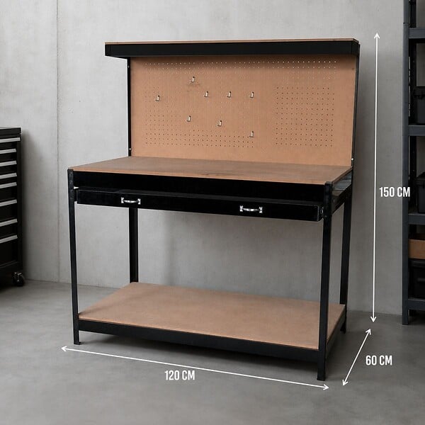 PROWELTEK - Etabli d'atelier Panneau porte outils perforé 120x60 xH150cm Etagère + Grand Tiroir de rangement PROWELTEK - large