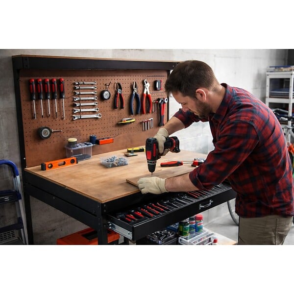 PROWELTEK - Etabli d'atelier Panneau porte outils perforé 120x60 xH150cm Etagère + Grand Tiroir de rangement PROWELTEK - large