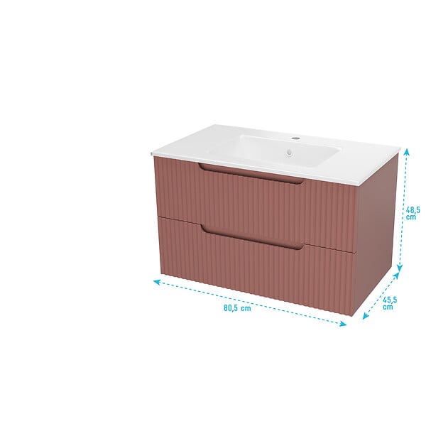 AURLANE - Meuble de Salle de Bains LEON 80cm Terracotta - 2 Tiroirs en MDF Ondulés - Vasque à encastrer - large