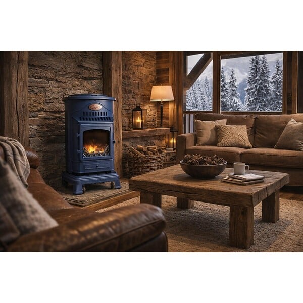 SAHARA - Poele à gaz 3,4KW Bleu Saphir Mat Effet poêle à bois Fonte véritable + Tuyau gaz + détendeur butane Provence Sahara - large