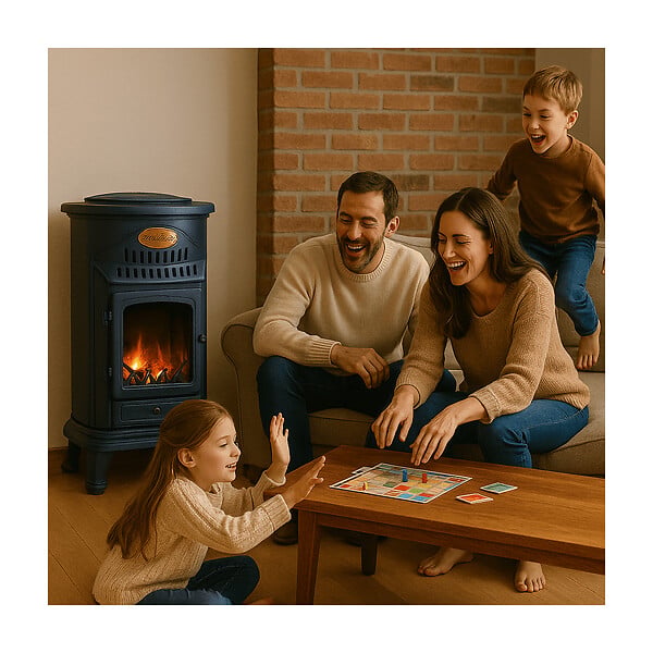 SAHARA - Poele à gaz 3,4KW Bleu Saphir Mat Effet poêle à bois Fonte véritable + Tuyau gaz + détendeur butane Provence Sahara - large