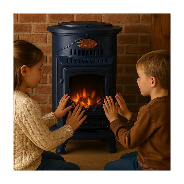 SAHARA - Poele à gaz 3,4KW Bleu Saphir Mat Effet poêle à bois Fonte véritable + Tuyau gaz + détendeur butane Provence Sahara - large