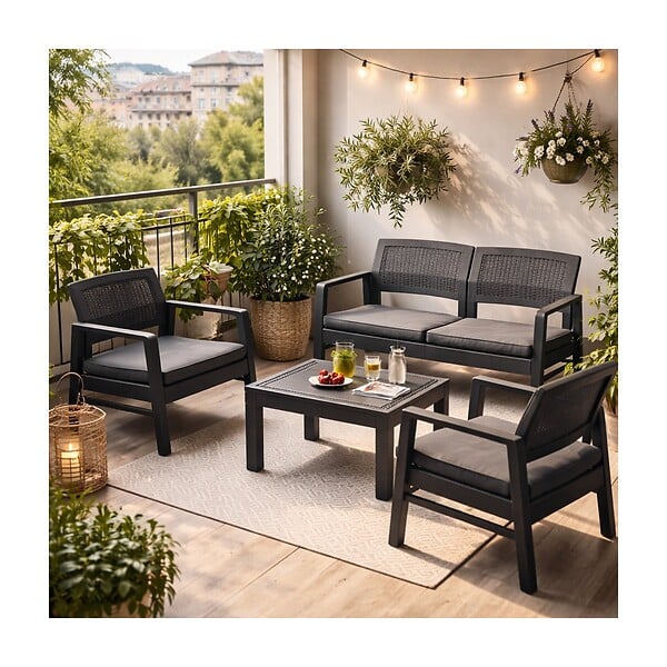 KZ GARDEN - Salon de jardin Extérieur 4 personnes Gris Anthracite Canapé 2 places + 2 fauteuils + Table basse + 4 Coussins KZ GARDEN - large