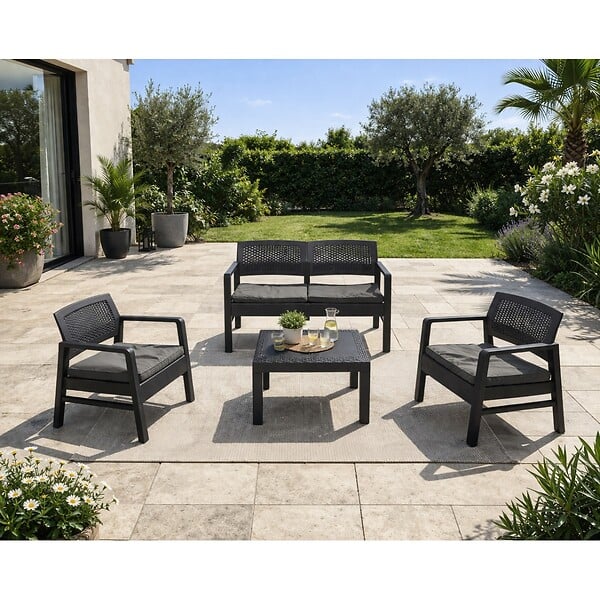 KZ GARDEN - Salon de jardin Extérieur 4 personnes Gris Anthracite Canapé 2 places + 2 fauteuils + Table basse + 4 Coussins KZ GARDEN - large