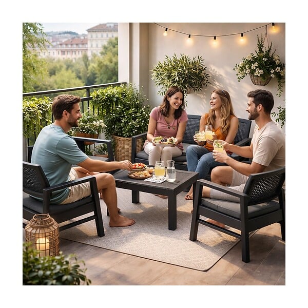 KZ GARDEN - Salon de jardin Extérieur 4 personnes Gris Anthracite Canapé 2 places + 2 fauteuils + Table basse + 4 Coussins KZ GARDEN - large