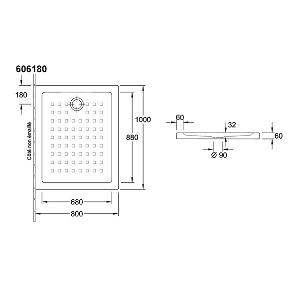 VILLEROY ET BOCH - Receveur O.NOVO extra plat - rectangulaire - Dimensions : 100 X 80 cm - Couleur : BLANC- réf : 60618001 - VILLEROY ET BOCH - large