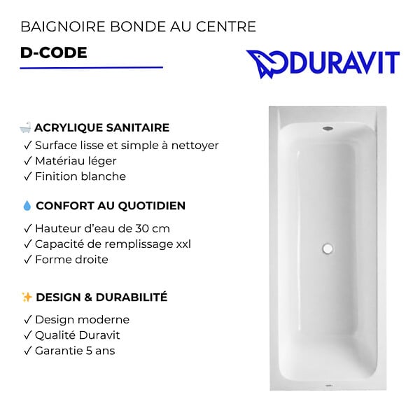 DURAVIT - Baignoire droite 170x75 D-Code bonde au centre - large