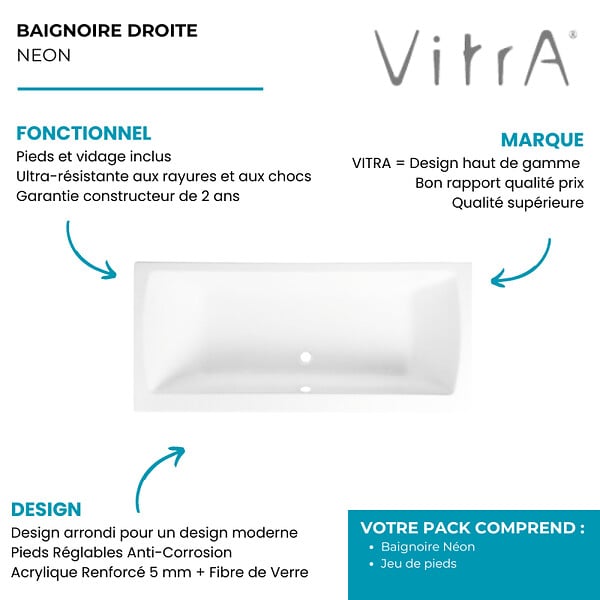VITRA - Baignoire rectangulaire VitrA Neon avec pied 180x80cm Blanc - large