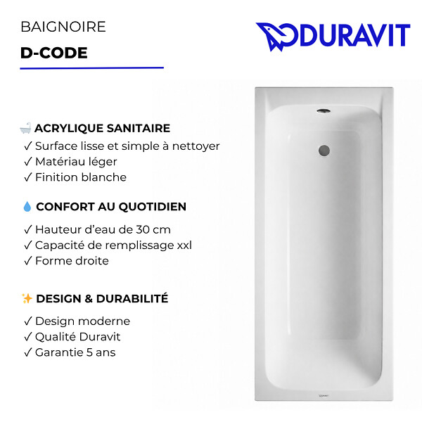 DURAVIT - Baignoire acrylique avec pieds D-Code - Dimensions : 170 x 70 cm - Couleur : BLANC - large