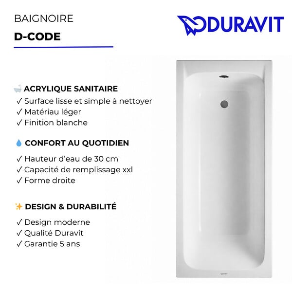 DURAVIT - Baignoire acrylique avec pieds D-Code - Dimensions : 160 x 70 cm - Couleur : BLANC - large