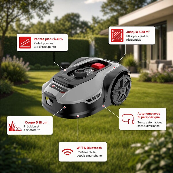 BY TONINO - Robot Tondeuse Sans fil 500m2 Installation facile 3 lames Mulching Coupe Ø18cm 45% Retour à la base Autonome LAMBORGHINI - large
