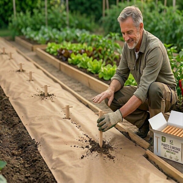 KZ GARDEN - Kit Toile de paillage Papier Kraft 0.9 x 20m + 60 Piquets Bois fixation Paillage Autodégradable Anti mauvaises herbes Jardin - large