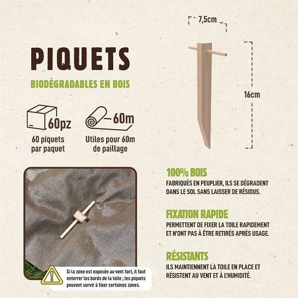 KZ GARDEN - Kit Toile de paillage Papier Kraft 0.9 x 20m + 60 Piquets Bois fixation Paillage Autodégradable Anti mauvaises herbes Jardin - large