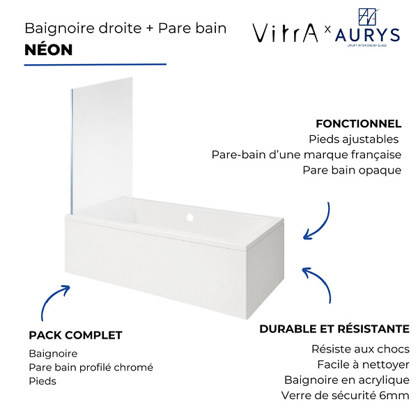 VITRA - Baignoire rectangulaire VitrA Neon 180x80cm + Pare bain droit AURYS Mist 1 chromé profilé droite - large