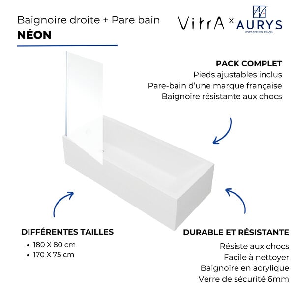 VITRA - Baignoire rectangulaire VitrA Neon 170x75cm + Pare bain gauche AURYS Mist 1 chromé profilé gauche - large