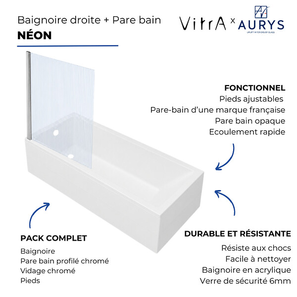 VITRA - Baignoire rectangulaire VitrA Neon 170x75cm + Pare bain droit AURYS Raywall chromé profilé droite - large
