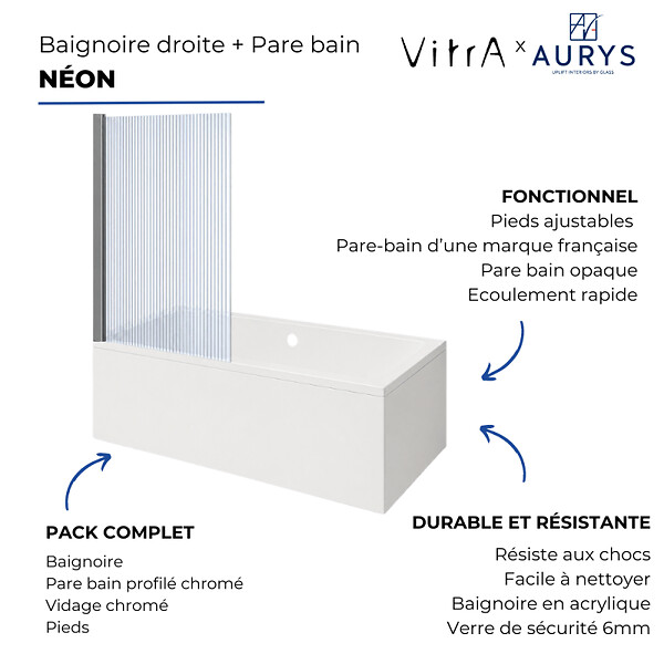 VITRA - Baignoire rectangulaire VitrA Neon 180x80cm + Pare bain gauche AURYS Raywall chromé profilé gauche - large