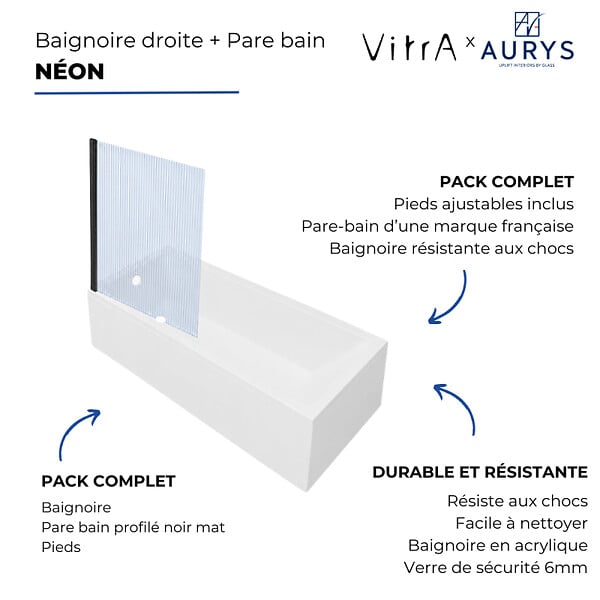 VITRA - Baignoire rectangulaire VitrA Neon 170x75cm + Pare bain droit AURYS Raywall noir mat profilé droite - large