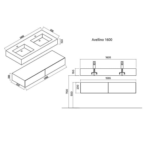DISTRIBAIN - Meuble de salle de bain AVELLINO-1600 Blanc (sans miroir) - large