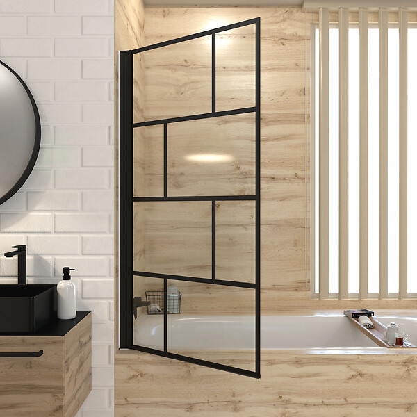 AURLANE - Pare baignoire rabattable sérigraphié 80x140 cm - Finition Noir Mat - BLOCKS SCREEN - large