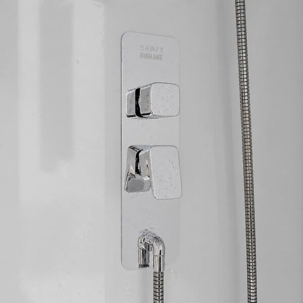 AURLANE - Cabine de Douche 1/4 de cercle 90x90x200/230cm Effet Bois et Fonds Blancs - Receveur Bas - large