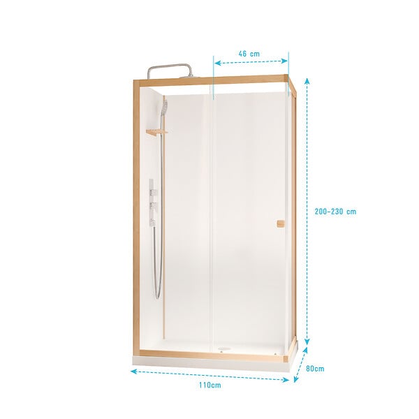 AURLANE - Cabine de Douche Rectangle 110x80x200/230cm Effet Bois et Fonds Blancs - Receveur Bas - large