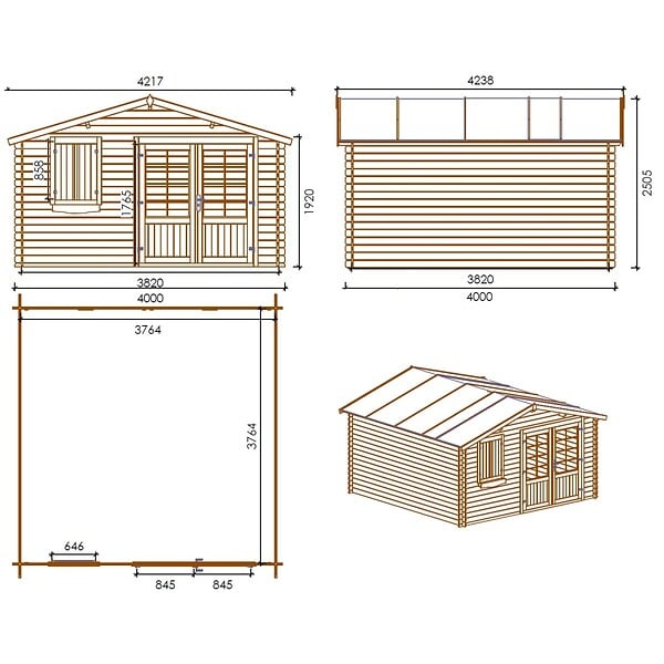 ALTANKA - Abri de jardin en bois - 16m2 - 4x4m - Ep. 28mm - Couleur: naturel - DOM130 - large