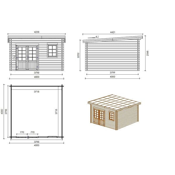ALTANKA - Abri de jardin en bois - 16m2 - 4x4m - Traité - Ep. 40mm - Couleur: vert - DOM716 - large