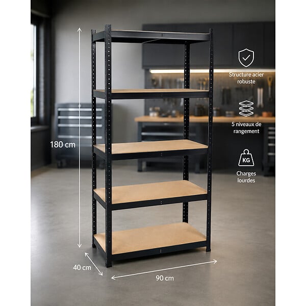INTEC - Etagère de Rangement Noire 90 x 40 x H180cm - Rayonnage Métal Haute qualité 5 Plateaux Charges lourdes 1500kg INTEC - large