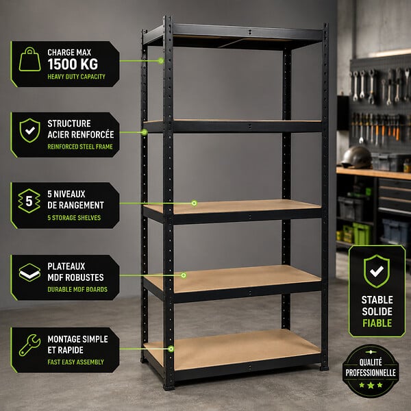 INTEC - Etagère de Rangement Noire 90 x 40 x H180cm - Rayonnage Métal Haute qualité 5 Plateaux Charges lourdes 1500kg INTEC - large
