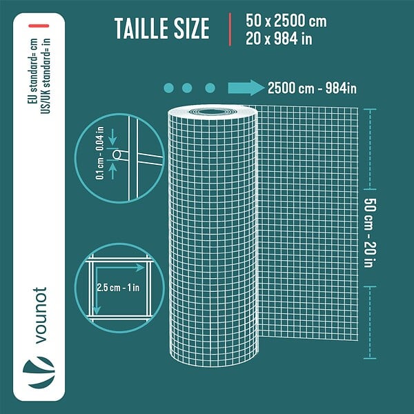 VOUNOT - Grillage a maille soude en acier galvanise 13mm fil 0.7mm 0.5x25m metal - large