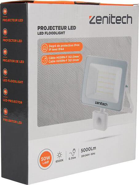 ZENITECH - Projecteur LED 5000lm IP44 - Détecteur de mouvement Blanc - large