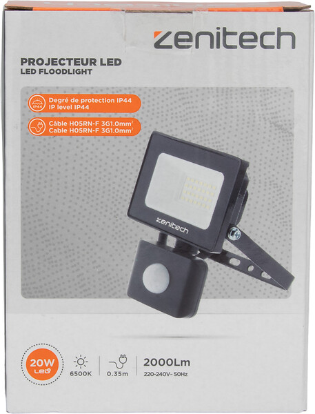 ZENITECH - Projecteur LED extérieur 20W IP44 Noir détecteur mouvement - large