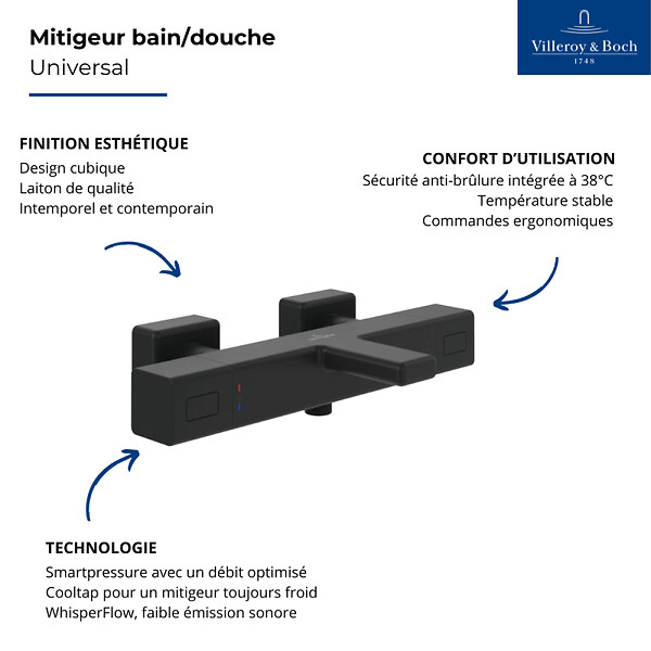 VILLEROY ET BOCH - Mitigeur bain douche thermostatique  Universal carré Noir mat - large