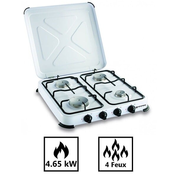 KEMPER - Plaque de cuisson gaz portable 4 feux - Réchaud gaz 4650W Blanc Couvercle et grilles amovibles Camping Cuisine Exterieure KEMPER - large