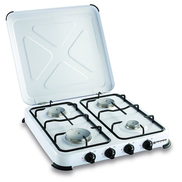 KEMPER - Plaque de cuisson gaz portable 4 feux - Réchaud gaz 4650W Blanc Couvercle et grilles amovibles Camping Cuisine Exterieure KEMPER - large