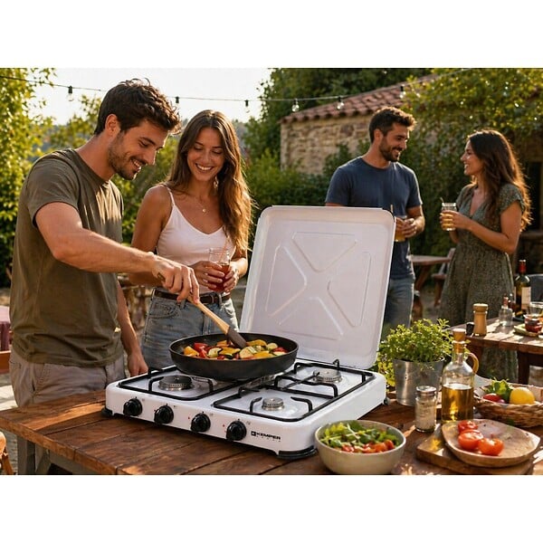 KEMPER - Plaque de cuisson gaz portable 4 feux - Réchaud gaz 4650W Blanc Couvercle et grilles amovibles Camping Cuisine Exterieure KEMPER - large
