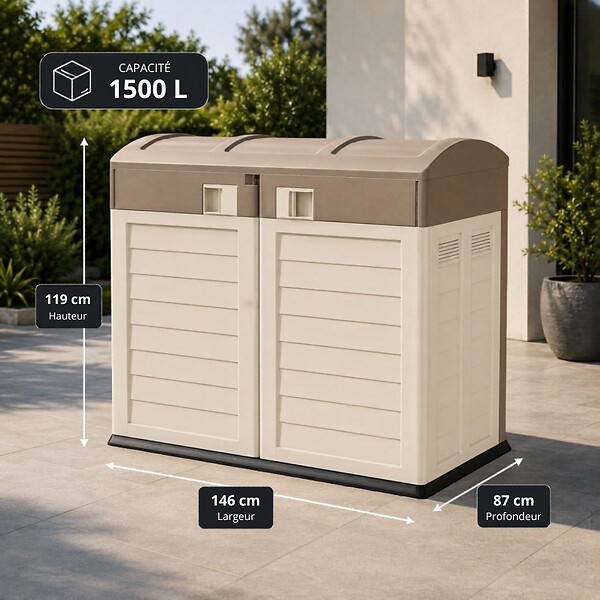 INTEC - Coffre Rangement Poubelle 1500L - Cache Poubelle de Tri Polypropylène Ecru Taupe - Coffre de jardin Verrouillable par Cadenas - large