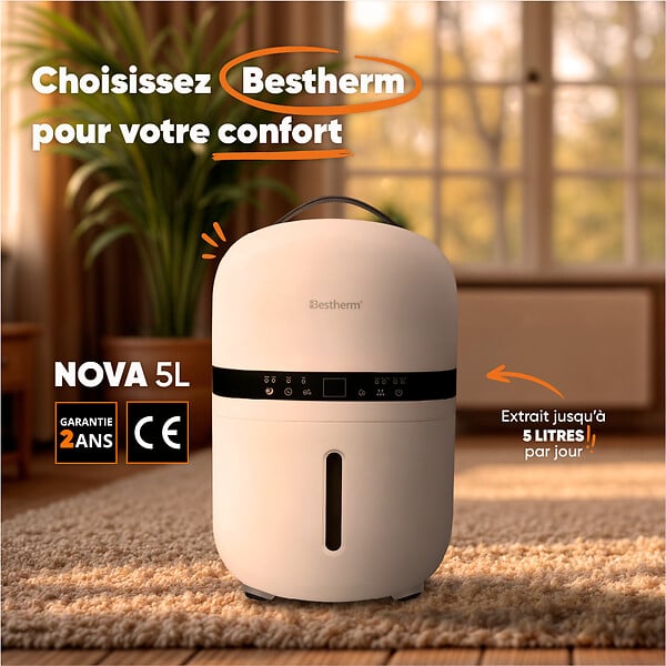 BESTHERM - Déshumidificateur d'air 5L/ jour - BESTHERM - NOVA - Fonction purificateur d'air - Filtre à charbon anti-odeurs - Minuterie 24h - large