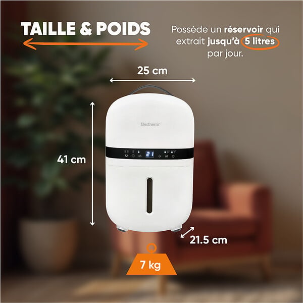 BESTHERM - Déshumidificateur d'air 5L/ jour - BESTHERM - NOVA - Fonction purificateur d'air - Filtre à charbon anti-odeurs - Minuterie 24h - large
