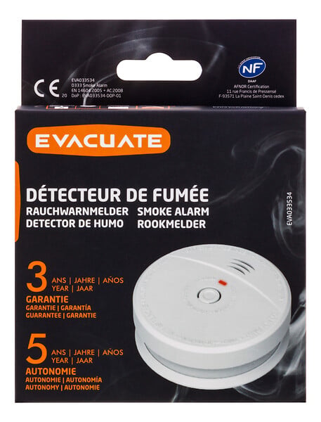 EVACUATE - EVACUATE Détecteur de fumée NF autonomie 5 ans - Garantie 3 ans - large