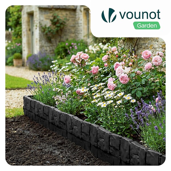 VOUNOT - Lot de 140 pcs Bordure de jardin imitation pierre facile a installer 21.4m noir - large