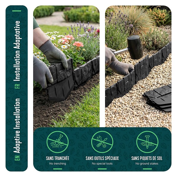 VOUNOT - Lot de 140 pcs Bordure de jardin imitation pierre facile a installer 21.4m noir - large