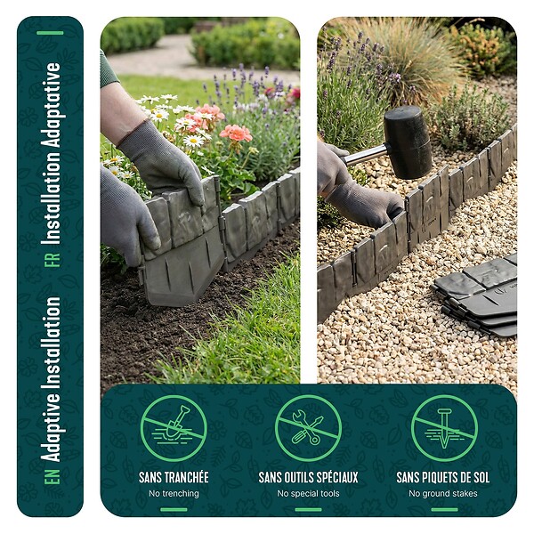 VOUNOT - Lot de 140 pcs Bordure de jardin imitation pierre facile a installer 21.4m gris - large