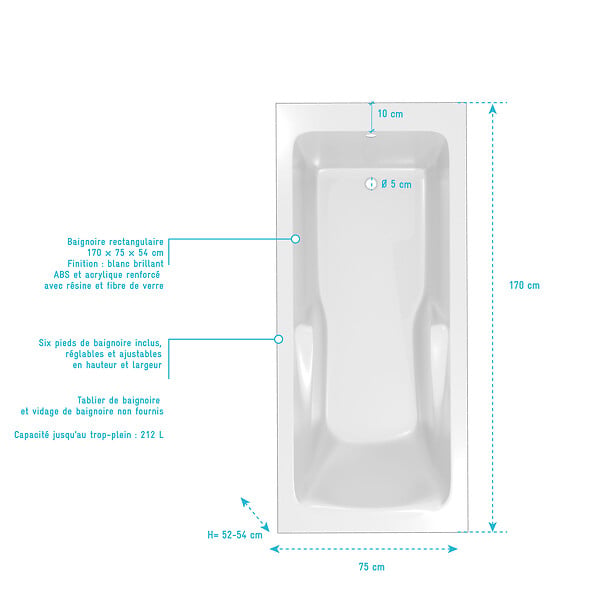 ALLIBERT - Baignoire rectangulaire 170x75x54cm avec zone de douche - Acrylique et ABS Blanc brillant - large